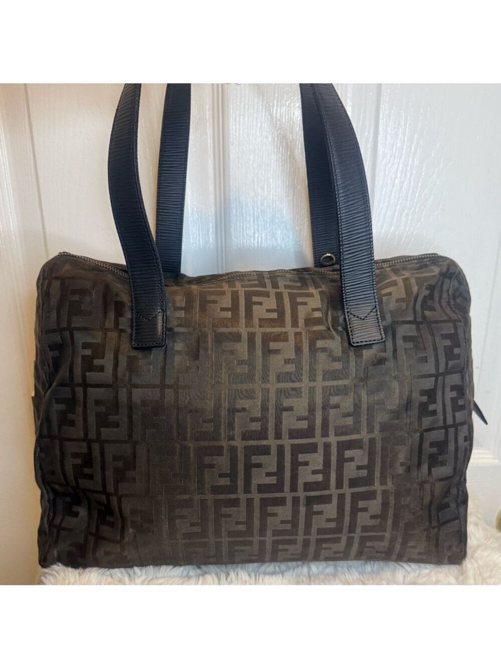 FENDI FF ZUCCA NYLON LEATHER MONOGRAM TRAVEL BAG TOTE PURSE UNISEX - Picture 4 of 16